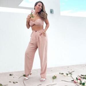 Mable Elastic Waist Smocked Back Blush Pink Nude Linen Blend Pants Small
